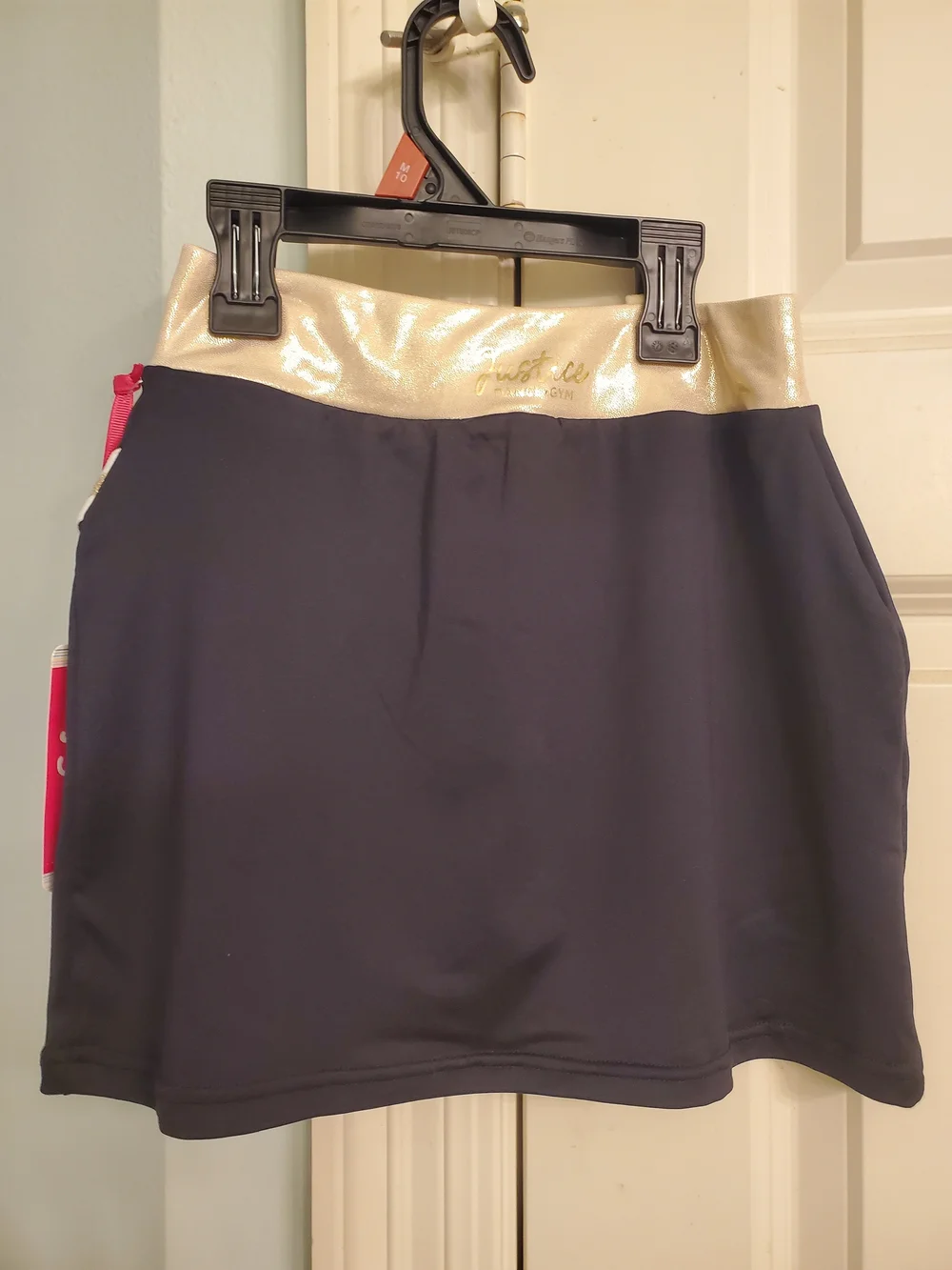 Justice Navy Cheer Skirt with Metallic Gold Waistband and White Stripe